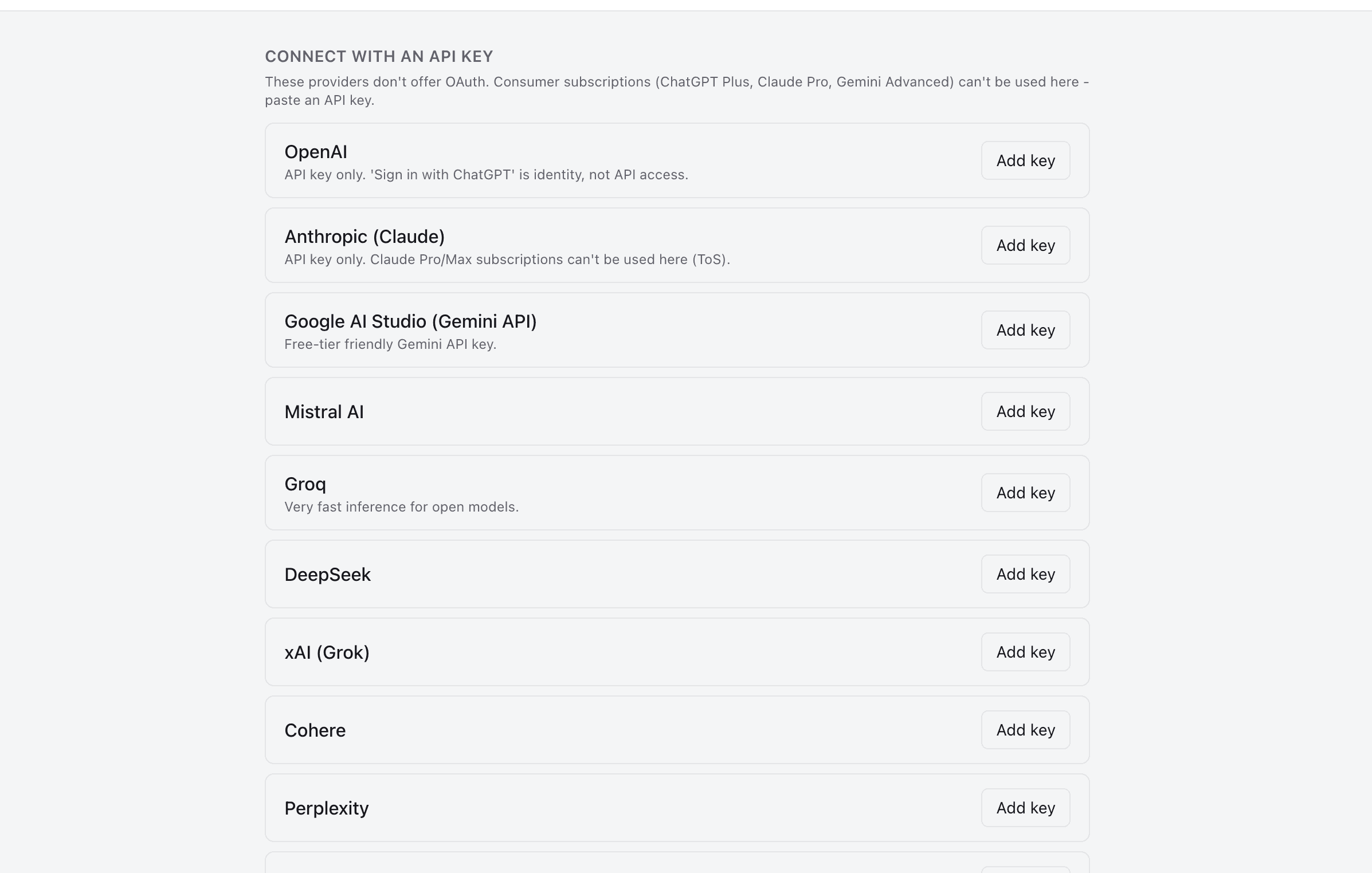 Connections settings listing AI providers with Add key actions.
