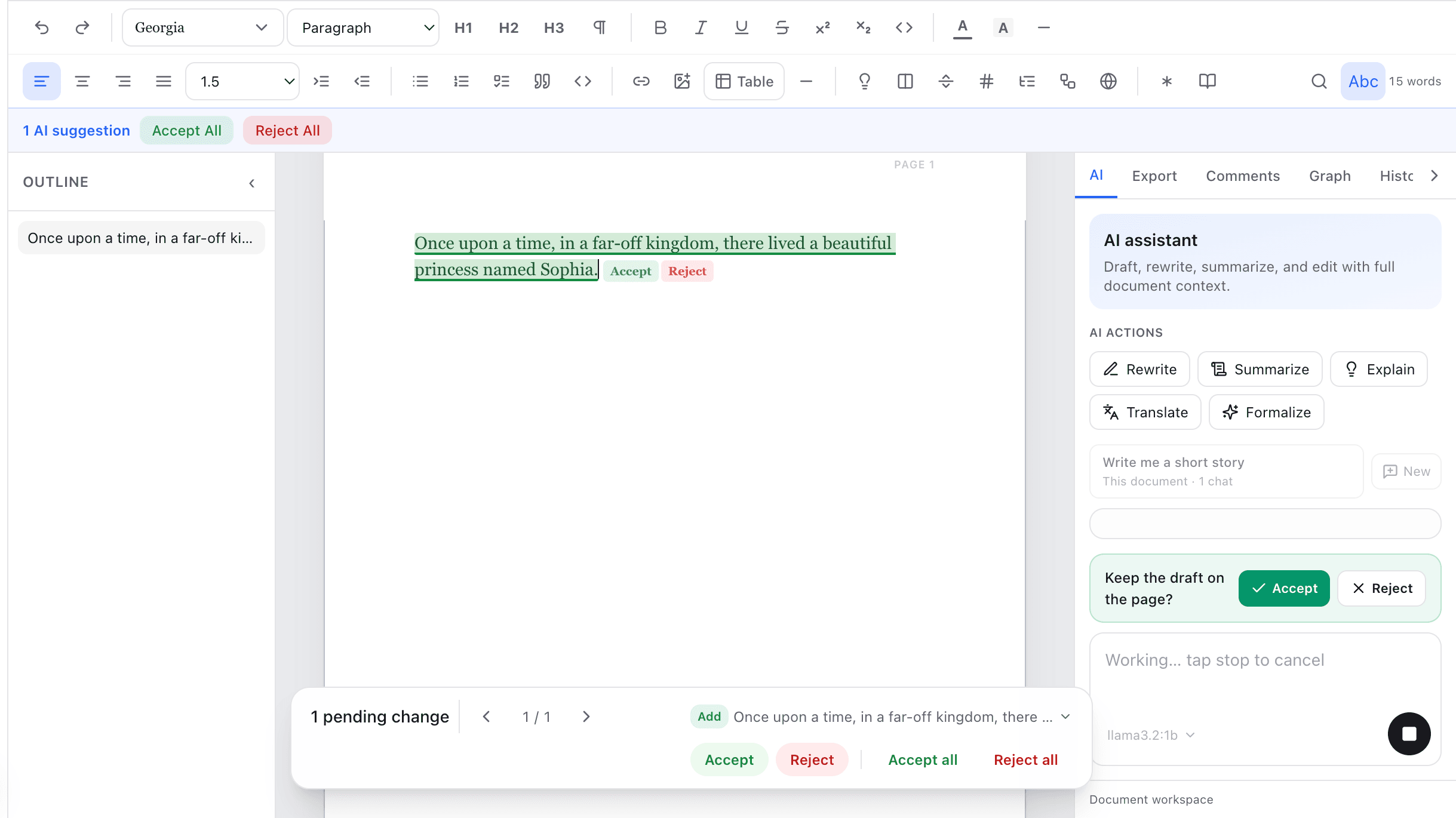 Document editor with an AI suggestion highlighted, Accept and Reject controls, and the AI assistant sidebar.