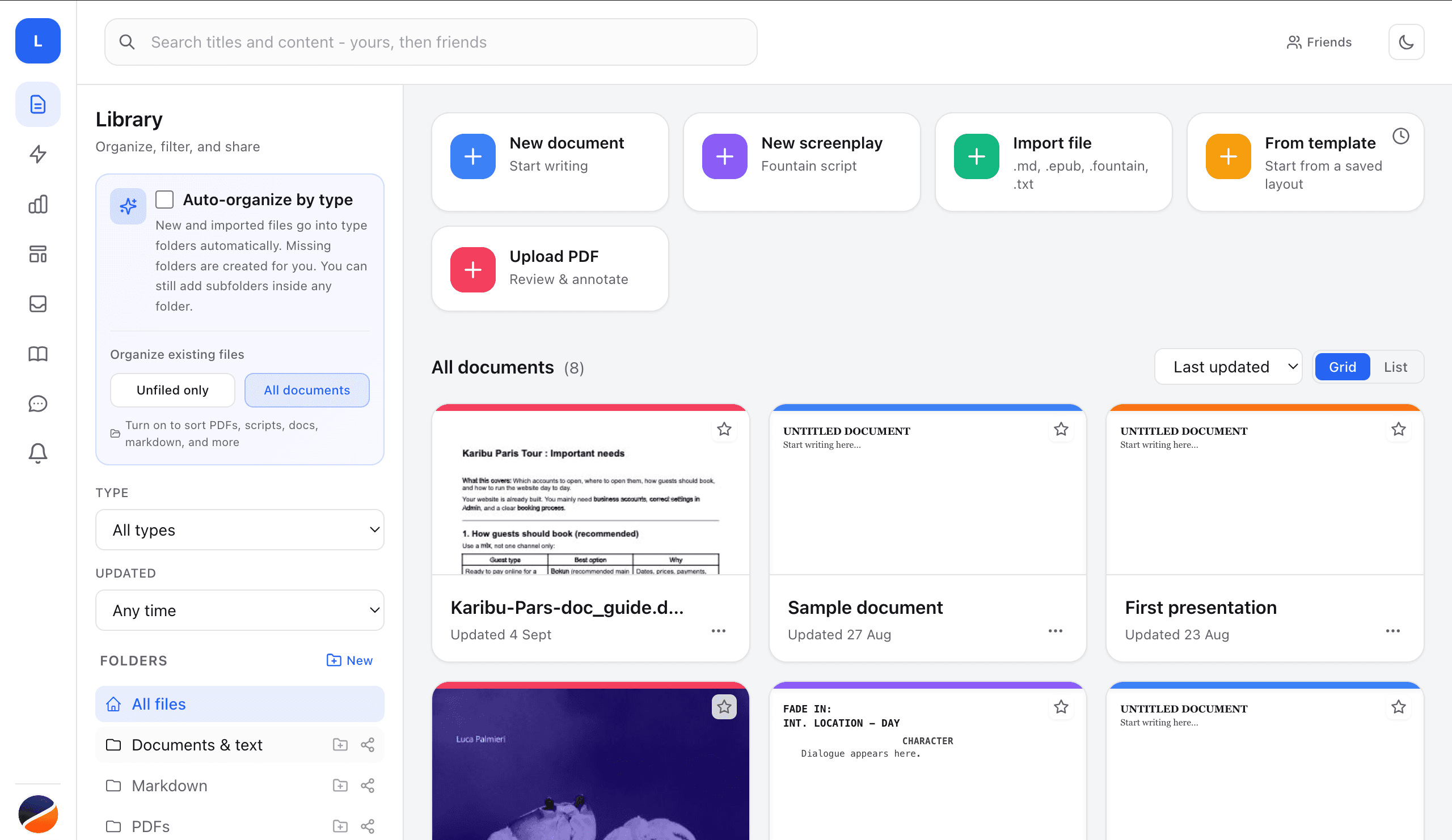 LiEditor library with folders, search, and document cards